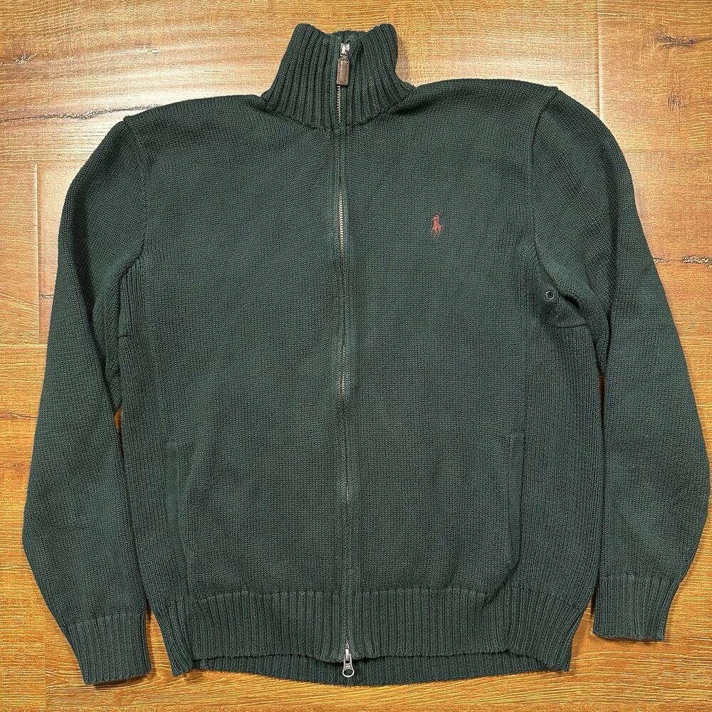 Vintage Ralph Lauren Full Zip Knit Sweater Mens M Green Mock Neck Polo Pony VTG